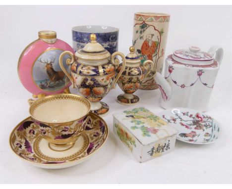 A collection of ceramics to include a Victorian teacup and saucer, 19th century Derby imari urn, Chinese porcelain box, a New