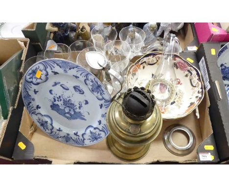 Miscellaneous items to include an 18th century blue &amp; white Delft plate (a/f), a Victorian brass oil lamp, glass ware etc