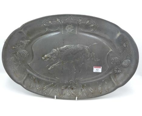 A Kayserzinn Art Nouveau pewter meat dish, relief decorated with a boar, 32x51cm