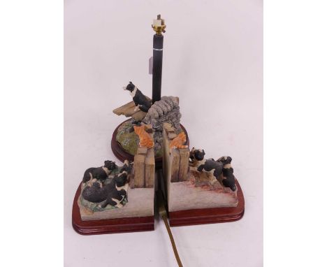 A Border Fine Arts table lamp, in the form of a border collie and puppies, height 33cm including fittings together with a pai