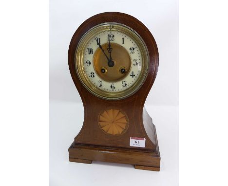 An Edwardian mahogany and boxwood strung mantel clock, the enamel chapter ring showing Arabic numerals, having an 8-day movem
