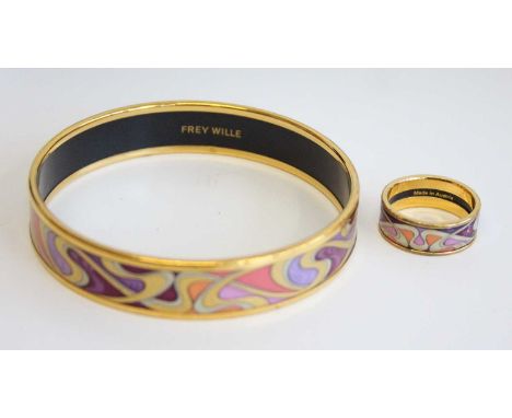 A Frey Wille gilt metal and enamel bangle, decorated in the Art Nouveau style, signed to the inside, dia.7cm; together with a