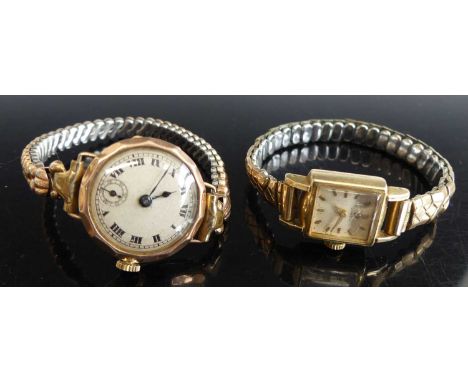 A lady's vintage 9ct gold cased manual wind wristwatch, on gilt metal expanding bracelet; together with a lady's vintage Omeg
