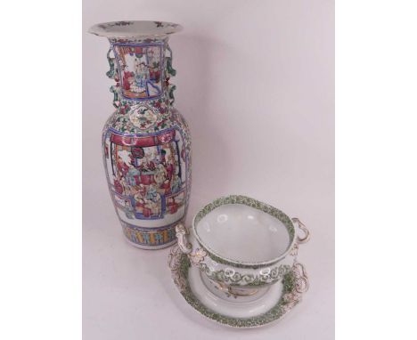 A Chinese Canton porcelain vase, enamel decorated with a battle scene, h.62cm; together with a Victorian pottery tureenLarge 