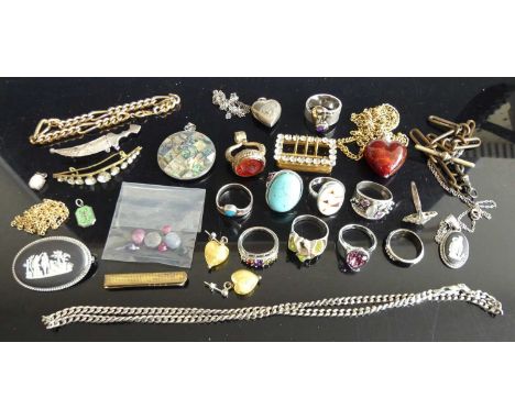 A jewellery box and contents of assorted costume jewellery, to include glass heart shaped pendant, silver heart shaped pendan