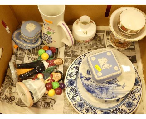 Mixed ceramics to include Wedgwood jasper ware, Poole pottery, Royal Crown Derby imari and Delft