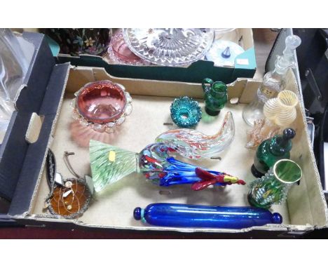 A collection of 19th century and later glassware to include a Bristol Blue Glass rolling pin, Murano model of a cockerel, and