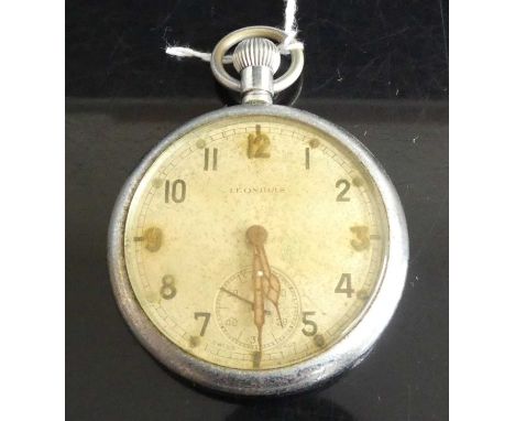 A Leonidas steel cased military issue pocket watch, having signed white dial with luminous quarter Arabic numerals and hands 