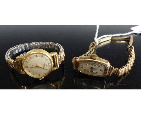 An Art Deco lady's 9ct gold cased tank wristwatch, on gilt metal expanding link bracelet; together with a Junghans gilt metal