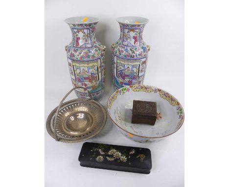A pair of Chinese Canton vases, enamel decorated with figures, height 48cm (a/f), together with a Victorian punch bowl, 35cm 