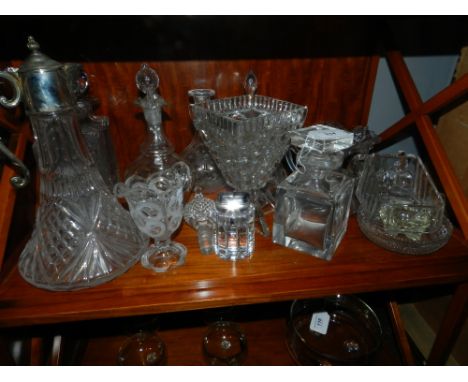 A collection of cut and moulded modern glass ware, to include decanters, a white metal mounted jug, a gilt painted jug, bowls
