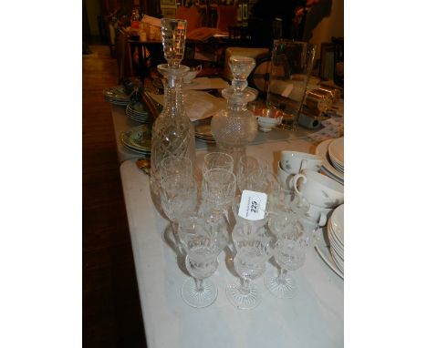 A set of six 20th century Edinburgh Crystal thistle shaped liqueur glasses and decanter, cross hatched and with wheel cut des