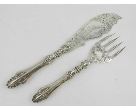 A mid 19th century silver serving fork, together with matching serving knife, hallmarked Birmingham, makers 'V&W'. L.32cm 