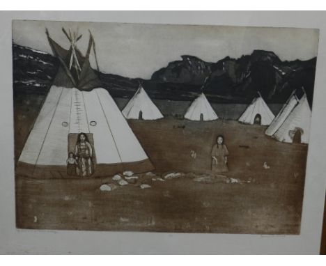Contemporary Canadian school, 'Blackfeet Indian Village', etching, signed and titled in pencil to lower margin, limited editi