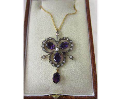 Amethyst, diamond &amp; pearl pendant on chain