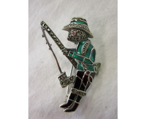Silver &amp; champlevé enamel rabbit fishing brooch