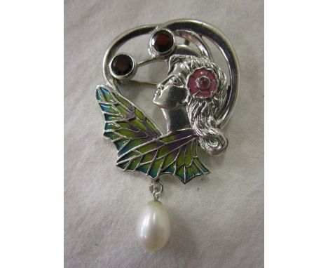 Silver enamel, garnet &amp; pearl brooch