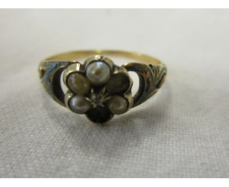 Early gold enamel, diamond &amp; pearl set ring (missing 2 seed pearls)