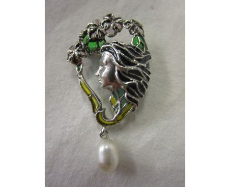 Silver &amp; enamel pearl drop brooch