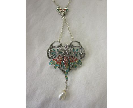 Silver &amp; champlevé enamel fairy pendant on chain