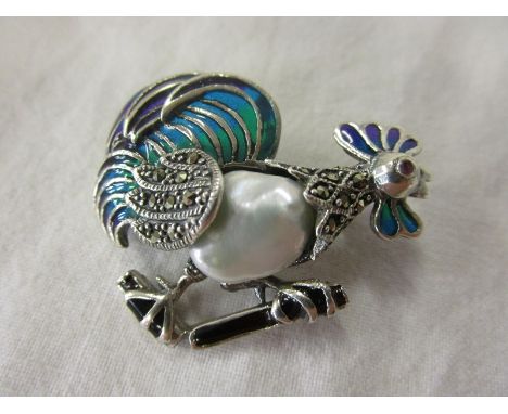 Silver &amp; champlevé enamel pearl set cockerel brooch
