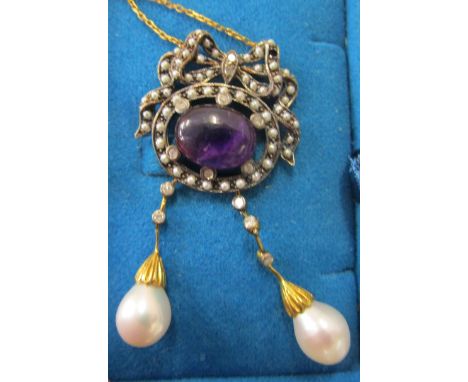 Amethyst, pearl &amp; diamond drop pendant on chain