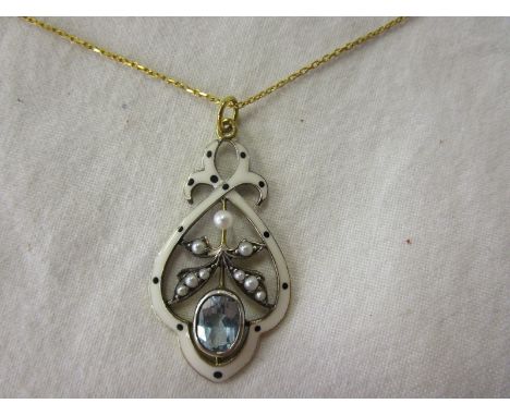 Blue topaz, pearl &amp; enamel pendant on chain