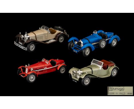 Burago Die Cast Model Cars 4 in total. 1. Mercedes Benz SSK - 1928 Scale 1/18. Beige Brown Roadster 2. Jaguar SS100 Grey Road