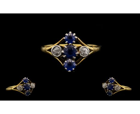 18ct Gold and Platinum Attractive Sapphire &amp; Diamond Set Dress Ring circa 1930s.  Ring size J-K.  3.00 grams.  Chip to ed