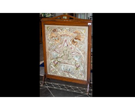 Early 20th Century Mahogany Finish Fire Screen with tapestry 'Tree of Life' with coronet and stylised lion figures to each si