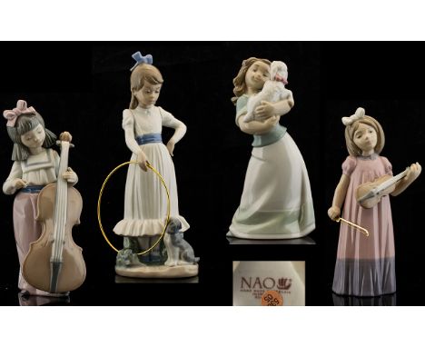 Nao by Lladro Collection of Four Figures comprising 1. Girl with Cello, bow missing 2. Girl with violin model no 1034 3. girl