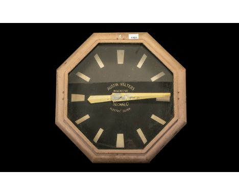 Large Art Deco Cinema Wall Clock, Octagonal Shaped Painted Metal Wall Clock, Black Dial With Baton Numerals, Marked Austin Wa