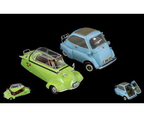 BMW Isetta 250 Model Die Cast Car Summer Blue Colourway. Circa 1960's. Plus a Revell Die Cast model 1955 Messerschmitt car, l