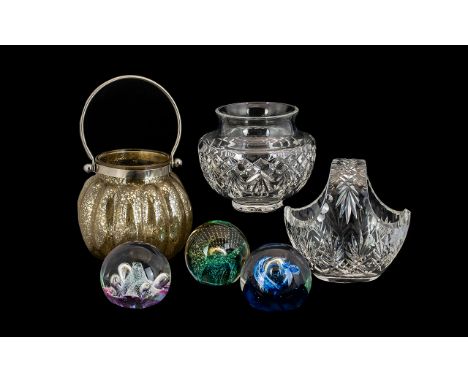 Collection of Glassware including a Waterford 'Nocturne' vase; a crystal bowl with handle; a glass candle jar with handle; an
