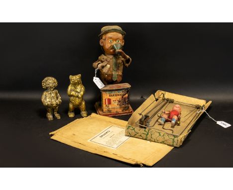 Mixed Lot To Include A Charley Weaver Bartender, K Toys (Japan) "Branko Mechanical Acrobat" Complete With Box + 2 Brass Money