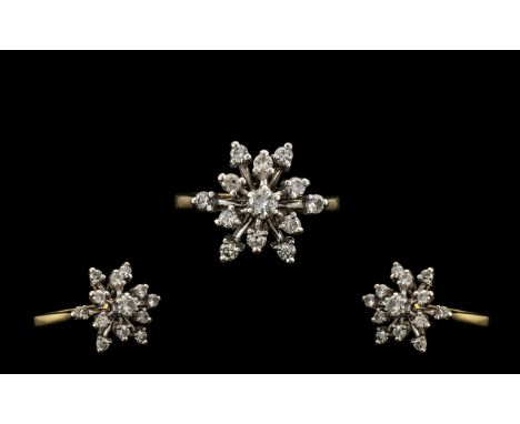 18ct Yellow Gold and Platinum Diamond Set Dress Ring Star Burst Design - full hallmark for 18ct. Good sparkle to the diamonds