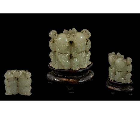 Rare Chinese 17th/18th Century Superb Quality Mutton Fat Jade Carved Figure of Two Men Seated, The Two Known As The HeHe Twin