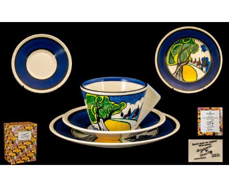 Wedgwood Clarice Cliff Blue Firs Coffee Can Trio Cafe good Chic Cup Saucer And Plate With Certificates