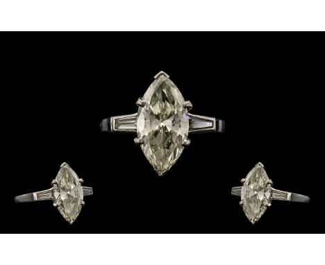 Art Deco Period Attractive Platinum Set Single Stone Diamond Ring - the marquise cut diamond of great sparkle and clarity. Es