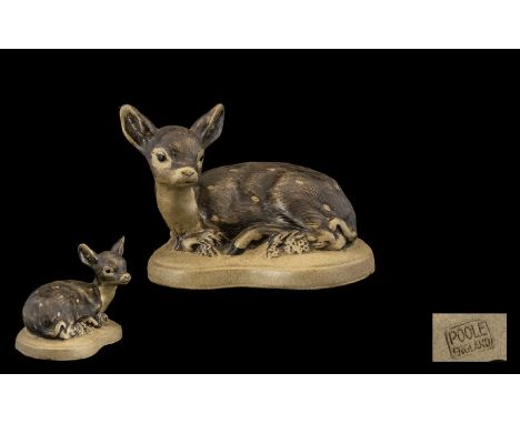 Poole Pottery Rare Stoneware Fawn.  Small seated fawn by Poole Pottery.  A very appealing Poole Pottery stoneware sculpture o