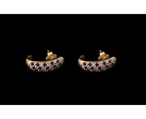 Ladies Pair of Attractive Half Hoop 9ct Gold Ruby and Diamond Set Earrings marked 9.375. Very good condition/ 3.7 grams.