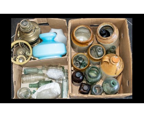 Two Boxes of Glass and Stoneware, to contain Stoneware Jars, antique glass bottles, oil lamp, etc.  Please see images.