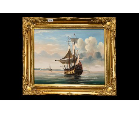 Modern Framed Oil on Canvas Seascape depicting a galleon at sea.  Gilt framed, signed by 'F Daniels'.  See accompanying image