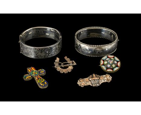 A Collection of Vintage and Antique Period Silver and Mosaic Jewellery - 6 pieces in total. Comprising, two (2) silver hallma