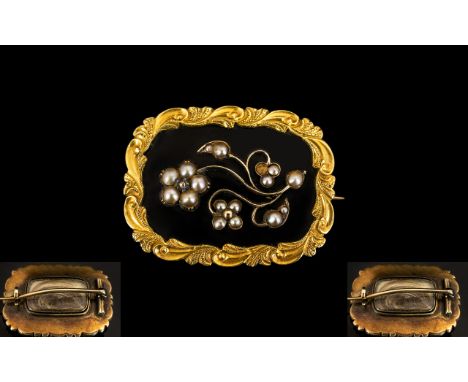 Antique Period Excellent Quality Worked 9ct Gold Locket - Mourning Brooch with seed Pearl Set Floral decoration - on Black En