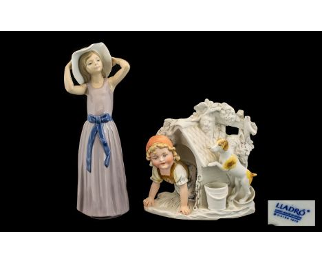 Lladro Figurine model no 5011, 'Trying On A Straw Hat' measuring 12 inches in height. Together with a Bisque German Figure of