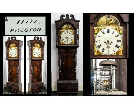 A 19thC Mahogany Long Case Clock with painted dial with Roman Numerals, With a date calendar marked Preston. With turned supp