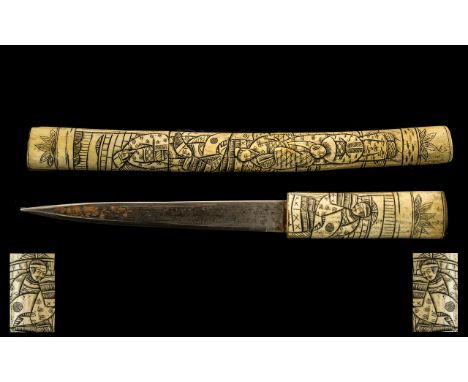 Japanese Meiji Period 1864-1912 Carved Ivory Bone Tanto Dagger - both scabbard and handle with carved images of Japanese figu