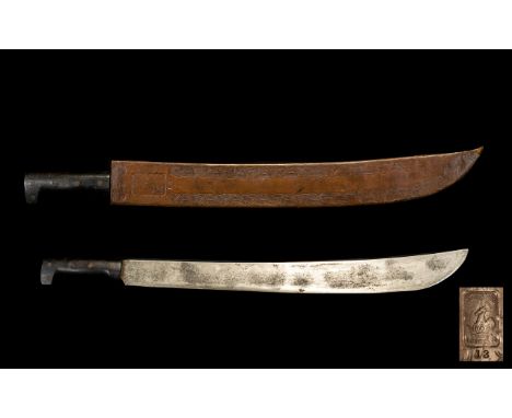 WW2 U.S. Legitimus No.13 Machete or Bush Knife by Collins & Co. 22 Inch Blade, Brown Leather Tooled Scabbard, Fully Marked.