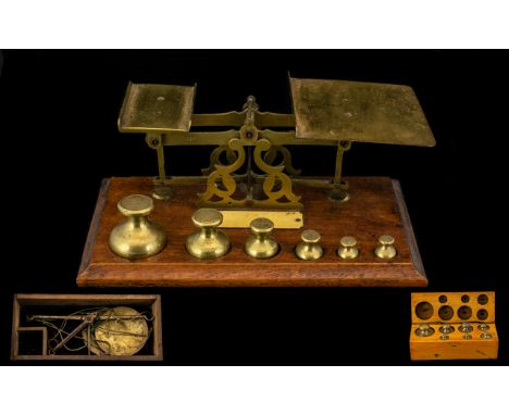 Early 20thC Oak Postage Scales Brass Scales And Bell Shaped Weights, Unmarked Ivory Plaque. Oak Base 9½ x 5½ Inches. Together